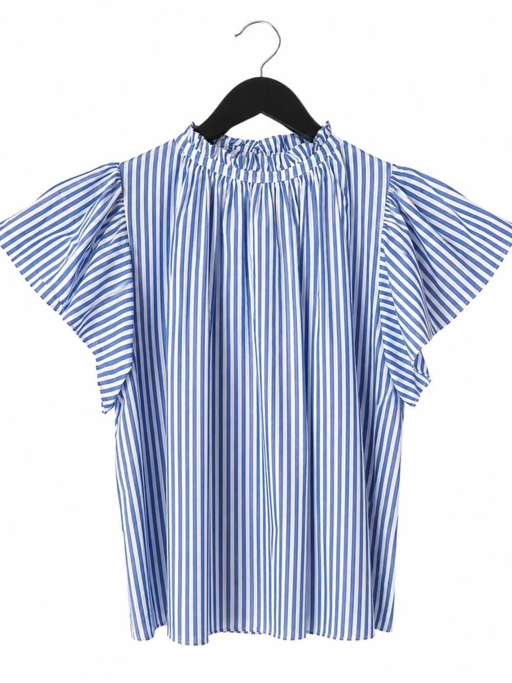 Trovata Small Carla Highneck Shirt in Blue White Stripe Flutter Sleeve‎ Preppy
